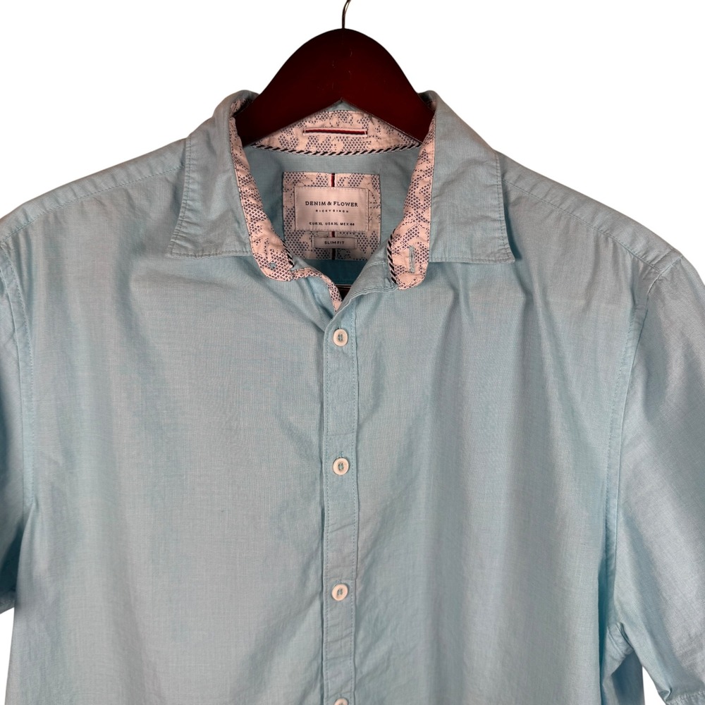 Denim & Flower Ricky Singh Slim Fit Light Blue Short Sleeve Shirt Mens XL Casual